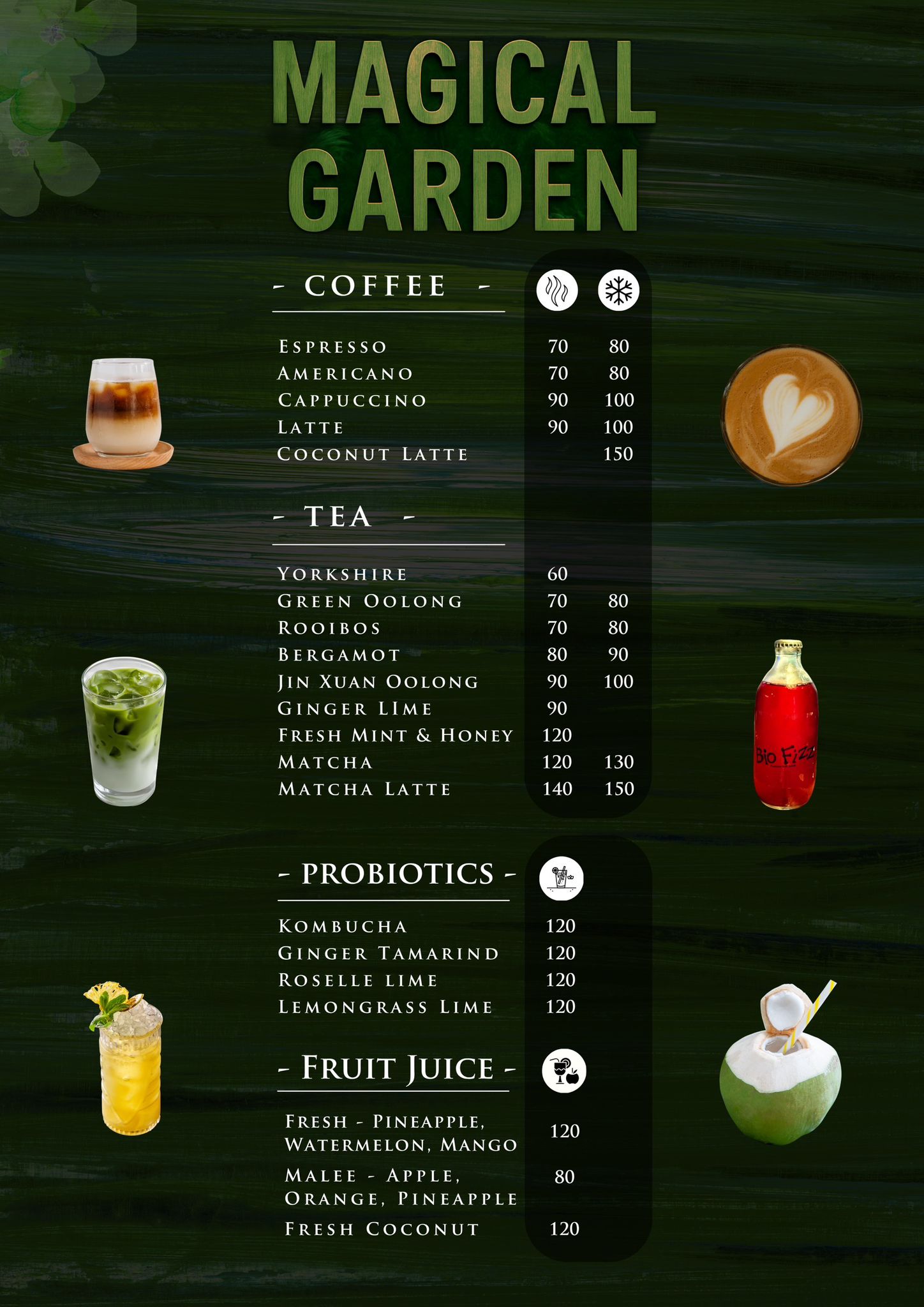 Magical Garden Cafe Menu - Coffee Tea Probiotics Juice Ko Samui
