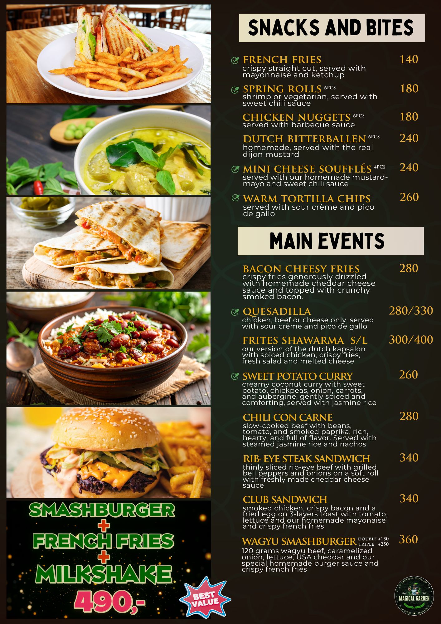 Magical Garden Food Menu - Snacks Bites Main Events Burgers Sandwiches Ko Samui