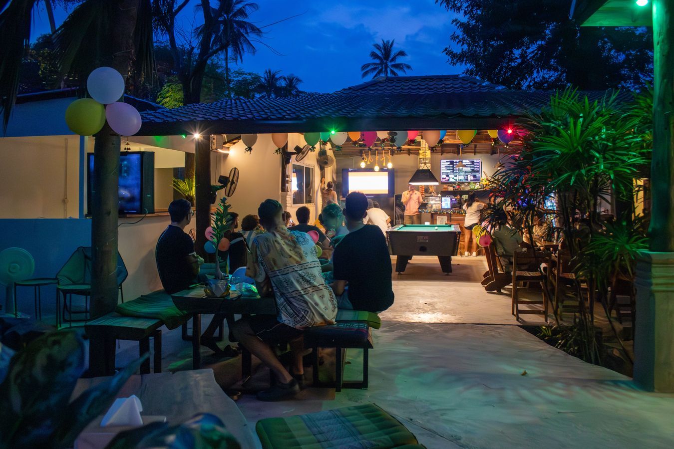 Evening outdoor lounge seating area